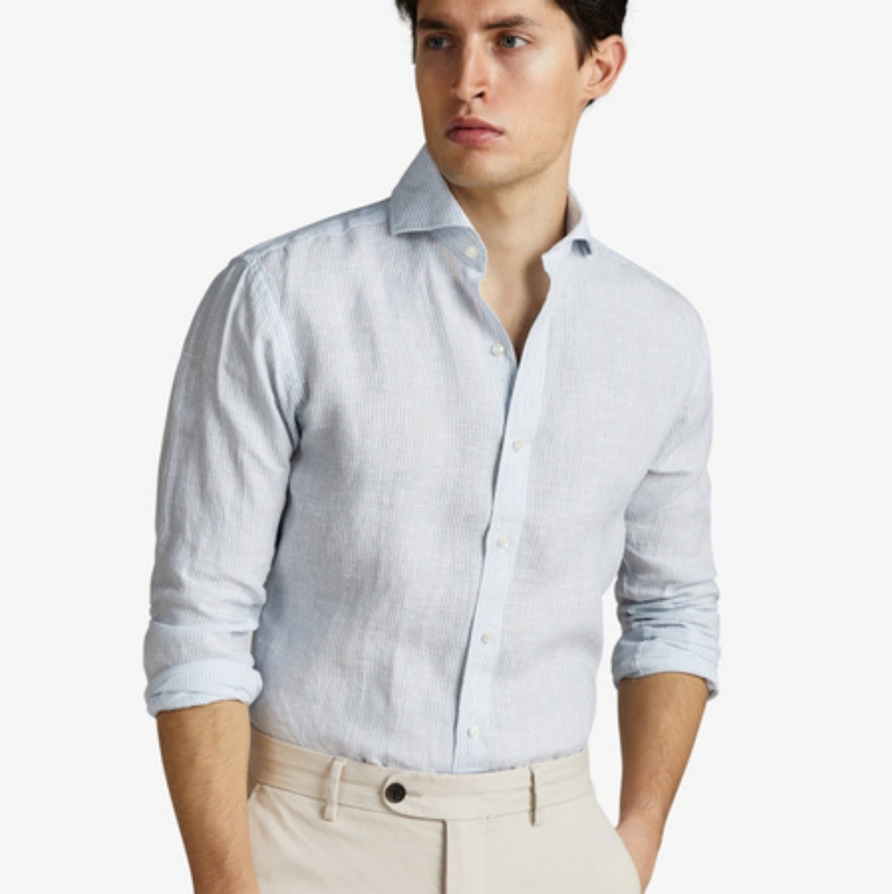 John Henric Blue Striped Linen Shirt (NWT) - Size 17.5” Neck, 44” Chest